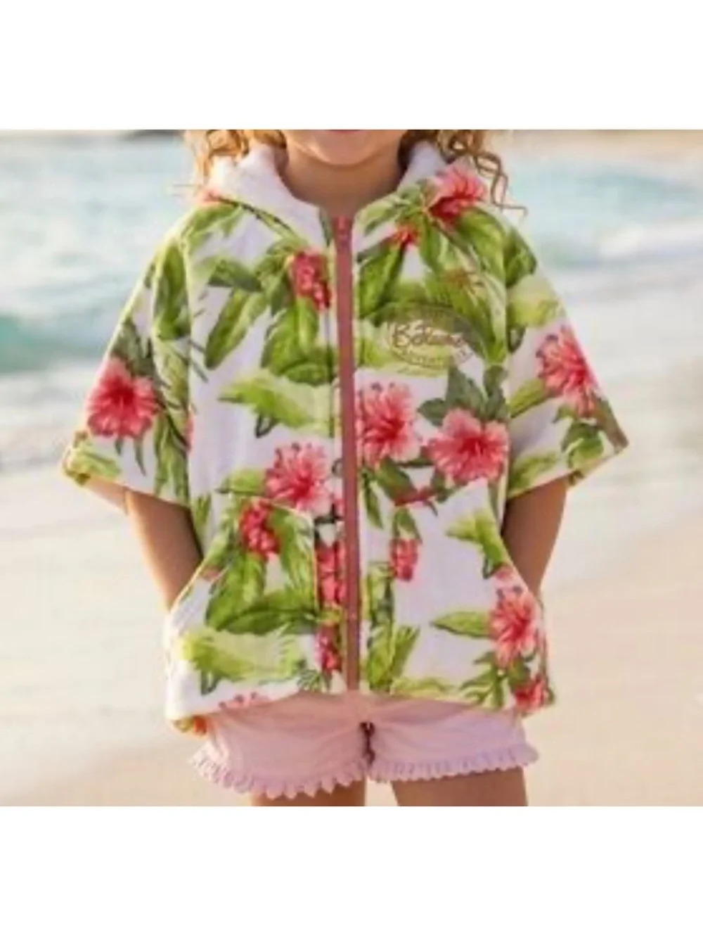Tommy Bahama White Hooded Kids Cover-Up with Pink Floral & Green Leaf Print